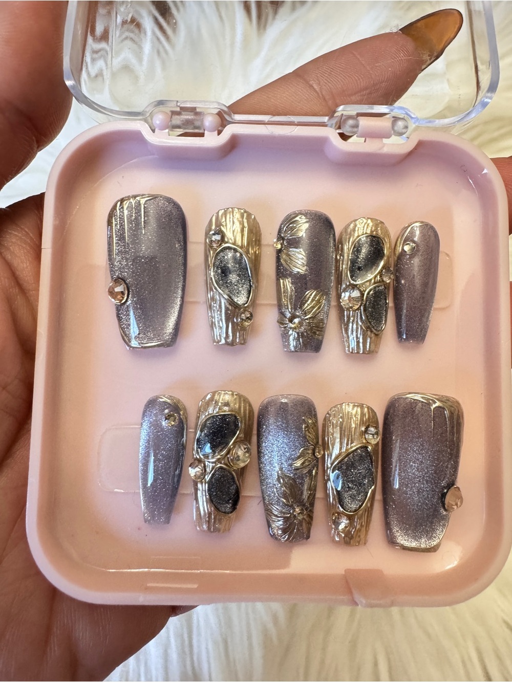 Shimmery Taupe & Gold Jeweled Press-On Nail Set